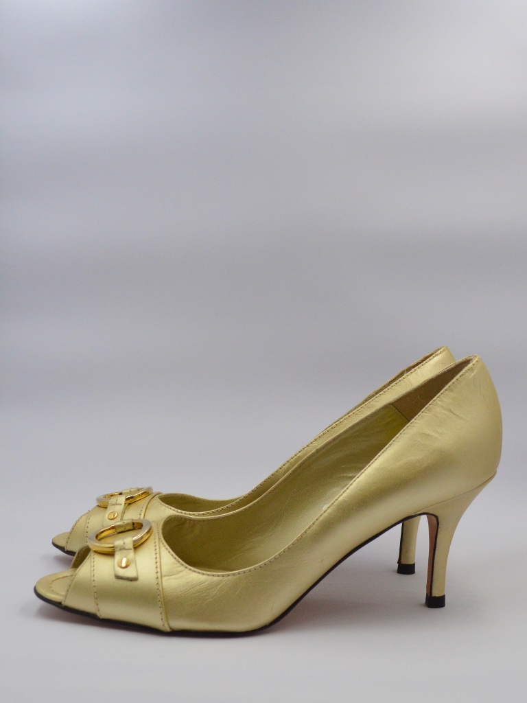 New Jon Josef Gold Women’s Leather Peep Toe Heels Size 8.5 Nwt